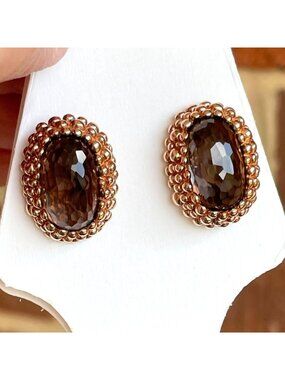 Oval Smoky Quartz set in Gold over 925 Sterling silver Earrings